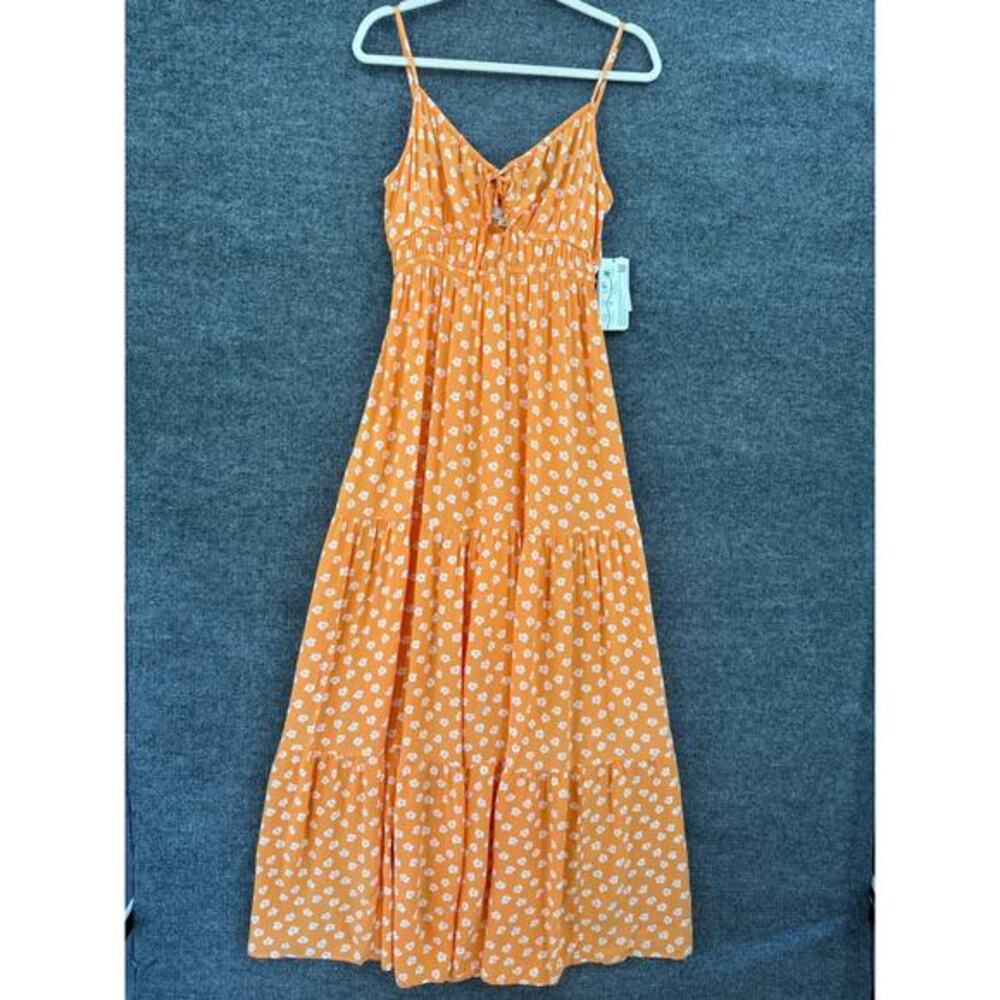 Rip Curl Maxi Dress Womens M Orange White Hibiscus Tiered Keyhole Flowy Smocked
